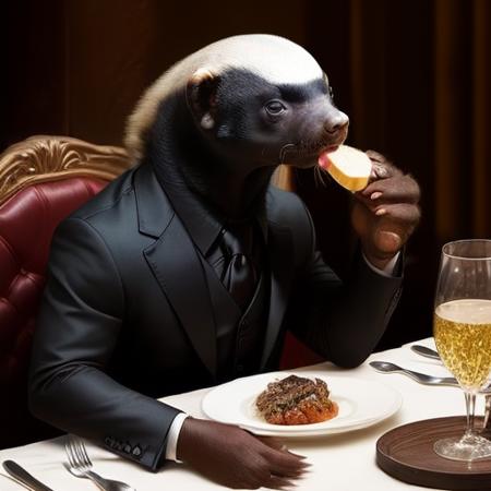 03070-1637181900-honeybadger , eating on a table, restaurant, fancy, in a suit, romantic night, formal.png